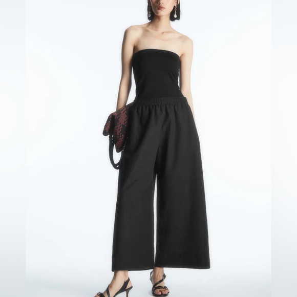 COS Wide Leg Linen Blend Elastic Waist Pull On Pants in Black - Picture 1 of 8